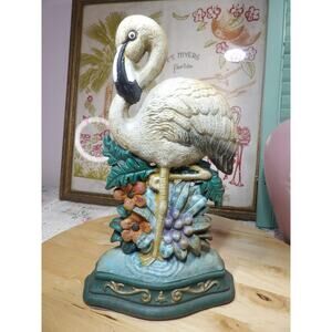 Vintage Flamingo Doorstop Cast Iron Hand Painted